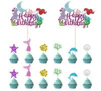 CVDYWDJIE 2 Grandes Tuiles Océan Et 12 Petites Tuiles Océan, Tuiles De Décoration De Gâteau d'anniversaire, Décorations De Fête sur Le Thème De L'Océan, Accessoires De Fête d'anniversaire