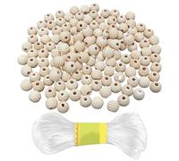 CVDYWDJIE 200 Perles en Bois Et 1 Rouleau De Fil, Matériaux De Bijoux De Bricolage, Accessoires D'Artisanat, Fil Tressé Résistant À l'usure, Perles en Bois avec Trous