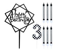 CVDYWDJIE 7 Bougies À Carreaux Noirs Et Blancs, 1 Insert Joyeux Anniversaire, Insert De Gâteau d'anniversaire, Décoration De Gâteau, Décoration De Gâteau De Fête d'anniversaire