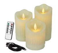 CVHOMEDECO. Bougies sans flamme Electronique Batterie rechargeable Extra Brillant Ivory Dripping Real Wax Pillars LED Flickering Pillar Candle with 10-Key Remote Control, Set of 3