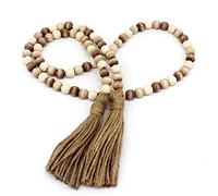 CVHOMEDECO. Guirlande de Perles en Bois avec Glands Farmhouse Rustic Wooden Prayer Bead String Wall Hanging Accent for Home Festival Decor. Mix Distressed