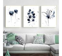 CVMINY Ensemble de 3-Affiche Abstraite Aquarelle Florale Peinture sur Toile à L'Encre Bleue Feuille Impression D'Art Minimaliste Décoration Moderne pour Salon Chambre Cuisine-30 * 50cm (Non encadré)