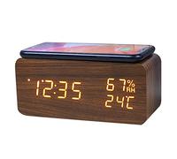 Cvoepobey RéVeil NuméRique, TempéRature et Humidité RéVeil LED Horloge éLectronique TéLéPhone Intelligent Chargeur sans (Marron)