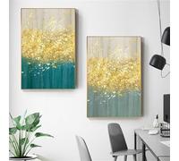 CWBLYZ 2 Pièces-Tableau Abstrait Doré Brillant Représentant un Arbre et Des Gouttes de Vert Impression sur Toile Moderne Décoration Murale pour Salon Chambre Ou Bureau-50 * 70cm (non encadré)