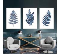 CWBLYZ Décoration murale,Peinture à Feuillage Bleu Encre Fougère Bleue Aquarelle Feuille Art Botanique Toile Chambre Cuisine Bureau Décoration Murale-(40 * 60cm)*3PCS