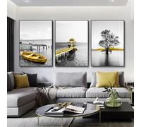 CWBLYZ Lot de 3 Peintures sur Toile Abstraites en Noir et Blanc Avec Bateau Doré Art Mural Affiches et Impressions pour Salon Bureau Décoration D'Intérieur 40 * 50Cm (Impression Sans Cadre)