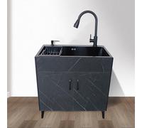 CWCQGH Grand meuble d'évier de cuisine commercial avec 2 portes, comprend robinet, porte-vaisselle, distributeur de savon pour restaurant et buanderie, gris, 50 x 40 x 78 cm