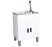 CWCQGH Meuble sous-évier avec Robinet mitigeur, évier Utilitaire Simple en Acier Inoxydable avec Panier d'égouttage Extensible et Distributeur de Savon intégré pour buander,White-480 * 350 * 800MM