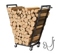 CWCQGH Support à bûches sur roulettes, Chariot à roulettes, avec 4 Crochets et Porte-Bois Amovible, Support de Rangement Mobile pour Bois de Chauffage, pour cheminée intérieure et extérieure.