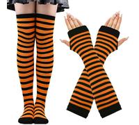 CWENDANER Chaussettes hautes arc-en-ciel pour femme et fille, chaussettes longues, chaussettes de volleyball, chaussettes de sport avec gants sans doigts pour fête, costumes d'Halloween, Orange/noir