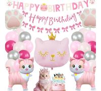 CWENDANER Lot de 28 décorations d'anniversaire pour chats - Ballons pour fête d'anniversaire - Décoration de gâteau - Bannière de chat - Décoration d'anniversaire pour fille