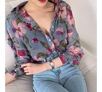 CWENROU Chemises Décontractées pour Femmes - Dames De Mode Casual Printemps Et Été Rétro Style Mousseline De Soie Chemise Florale Imprimé Bleu Simple Blouse Bleue Élégante Fête D’Affaires Sports D