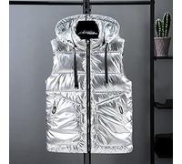 CWENROU Gilet Femme en Duvet - Mode Hiver Doudoune Rétro Argent À Capuche Court Brillant sans Manches Chaud Sports De Plein Air Veste Coupe-Vent Élégante Fête Décontractée, Arge M