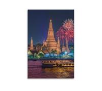 CWLLOG Impression sur toile murale de style paysage Wat Arun avec feux d'artifice la nuit, sans cadre, décoration moderne pour salon et chambre à coucher, 20 x 30 cm