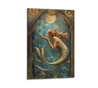 CWLLOG Impression sur toile murale mythe sirène avec poisson sous la lune, décoration moderne pour salon et chambre à coucher (20 x 30 cm)