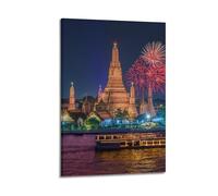 CWLLOG Impression sur toile murale style paysage Wat Arun avec feux d'artifice nocturne, style moderne pour salon et chambre à coucher (50 x 75 cm)