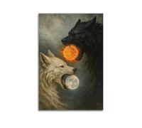 CWLLOG Impressions sur toile d'art mural - Illustration de loups noirs et blancs avec éléments du soleil et de la lune - Œuvre d'art moderne pour salon et chambre à coucher - 20 x 30 cm