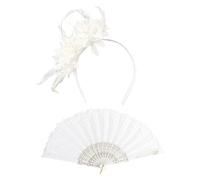 CWPFVQA 1 Bandeau en Plumes, 1 Éventail À Main en Dentelle, Bandeau De Mariage, Bandeau De Bal Décoratif, Bandeau À Fleurs Blanches, Accessoires pour Cheveux pour Femmes