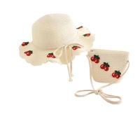 CWPFVQA 1 Chapeau De Paille pour Enfants avec 1 Sac De Paille, 1 Lunettes De Soleil, Chapeau De Paille Doux, Chapeau Décor Cerise, Ensemble De Protection Solaire pour Enfants