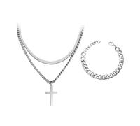 CWPFVQA 1 Collier Double Couche Et 1 Bracelet en Acier Titane, Collier Croix, Collier Pendentif, Collier Empilable, Bijoux Fantaisie pour Hommes, Bijoux Vintage