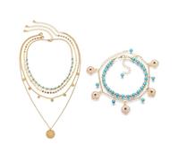 CWPFVQA 1 Ensemble De Colliers Multicouches Et 1 Bracelet De Cheville, Bijoux Vintage, Collier Pendentif, Collier Bohème, Collier Femme, Bijoux Fantaisie, Accessoires Vestimentaires