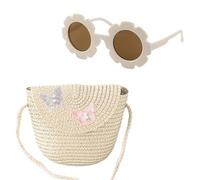 CWPFVQA 1 Sac À Bandoulière en Paille Papillon avec 1 Lunettes De Soleil en Forme De Fleur, Sac De Paille pour Filles, Mini Sac À Bandoulière pour Enfants, Petit Sac De Rangement Mignon