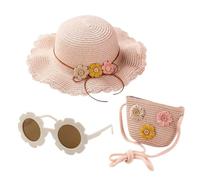 CWPFVQA 1 Sac De Paille pour Filles, 1 Chapeau De Soleil en Paille, 1 Paire De Lunettes De Soleil À Fleurs, Mini Sac À Bandoulière pour Enfants, Les Voyages Et Les Activités De Plein Air.
