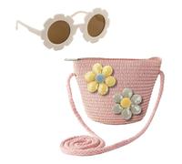 CWPFVQA 1 Sac en Paille Fleurie, 1 Lunettes De Soleil Enfant, Sac Bandoulière Fille, Sac À Main Petite Fille, Sac Poignet Tissé, Sac Paille Enfant