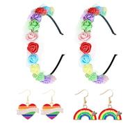 CWPFVQA Lot De 2 Bandeaux À Fleurs Arc-en-Ciel avec 2 Paires De Boucles d'oreilles Arc-en-Ciel, Couvre-Chef Floral, Accessoires De Mode pour Femme, Couvre-Chef À Fleurs Arc-en-Ciel