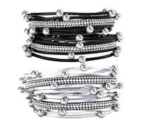 CWPFVQA Lot De 2 Bracelets en Cuir Multicouche, Bracelets Personnalisés À La Mode, Bracelets Magnétiques, Bracelets Rétro pour Femmes, Accessoires Vestimentaires (Noir, Argent)