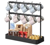 CWYEYE Porte-tasses à café pour comptoir, porte-gobelet avec 16 crochets coulissants, grand support de tasse avec base de rangement pour café, cuisine, salle à manger - Noir