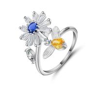 CWZZWS Anneaux ouverts pour les femmes, anneau ajusté vintage Daisy Abee Blue Zircon Bijoux romantique Gift For Girl Femmes Couple Engagement Mariage Éternité Anneau de Noël cadeau