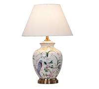 CWZZWS Lampe de Table en céramique Fleur et Oiseau Chinoiserie Lampe de Table de Chevet en céramique Lampe de Table de Bureau avec Abat-Jour en Tissu Blanc (Abat-Jour Plat L)