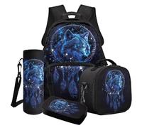 Cxdvotvy Ensemble cartable et sac à déjeuner léger et durable pour adolescents, filles, garçons, Bleu - Attrape-rêves loup, Ensemble cartable