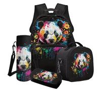 Cxdvotvy Ensemble cartable imprimé animal pour garçons et filles, ensemble sac à dos, porte-bouteille, sac à déjeuner, trousse à crayons 4 pièces, Black Ink Panda, Ensemble cartable