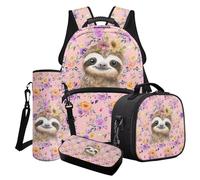 Cxdvotvy Ensemble cartable imprimé animal, sac à dos avec sac à déjeuner, trousse à crayons, porte-bouteille pour enfants et étudiants, Rose paresseux rose, Ensemble cartable