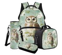 Cxdvotvy Ensemble cartable imprimé animal, sac à dos avec sac à déjeuner, trousse à crayons, porte-bouteille pour enfants et étudiants, Chouette verte en fleurs de cerisier, Ensemble cartable