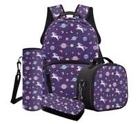 Cxdvotvy Ensemble cartable imprimé mignon pour enfants, sac à dos et sac à déjeuner, trousse à crayons, housse de tasse pour filles, fournitures scolaires, Purple Horse Planet Moon, Ensemble cartable