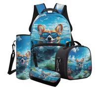 Cxdvotvy Ensemble cartable pour garçons et filles - Sac à dos de 43,2 cm - Avec sac à déjeuner, trousse à crayons, porte-gobelet - Cadeau pour enfants, Mer de corgi bleu, Ensemble cartable