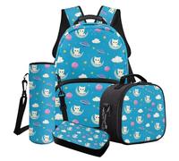 Cxdvotvy Ensemble cartable, sac à déjeuner pour garçons et filles, sac à dos, trousse à crayons, porte-gobelet pour enfants et étudiants, Blue Cat Planet Star, Ensemble cartable