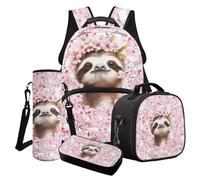 Cxdvotvy Ensemble de cartable imprimé animal mignon, sac à dos, sac à déjeuner, trousse à crayons, porte-bouteille d'eau pour enfants, Fleur de cerisier paresseux rose, Ensemble cartable