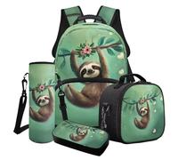 Cxdvotvy Ensemble de cartable pour enfants, sac à dos pour filles, sac à déjeuner, trousse à crayons, porte-bouteille d'eau, fournitures scolaires, Fleur de paresseux vert, Ensemble cartable
