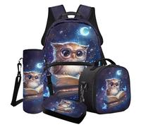 Cxdvotvy Ensemble de cartable pour enfants, sac à dos pour filles, sac à déjeuner, trousse à crayons, porte-bouteille d'eau, fournitures scolaires, Papillon chouette bleue, Ensemble cartable