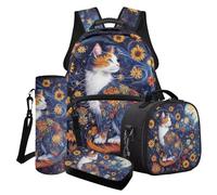 Cxdvotvy Ensemble de cartable pour enfants, sac à dos, sac à déjeuner, trousse à crayons, porte-bouteille pour élève du primaire, Tournesol chat violet, Ensemble cartable
