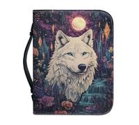 Cxdvotvy Housse de bible en cuir avec imprimé loup et lune pour accessoires de la Bible, housse de transport portable avec poignée et poche