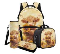 Cxdvotvy Lot de 4 sacs d'école, sac à déjeuner, trousse à crayons, sac à bouteille d'eau, sac à livres pour garçons et filles, Vache jaune des Highlands, tournesol, papillon, Ensemble cartable