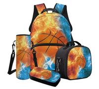 Cxdvotvy Lot de 4 sacs d'école - Sac à dos de grande capacité - Léger - Trousse à crayons pour garçons du primaire et du collège, Orange Blue-Basketball Fire, Ensemble cartable