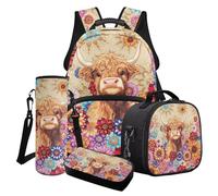 Cxdvotvy Lot de 4 sacs d'école, sac à dos, sac à déjeuner, porte-gobelet, boîte à crayons pour étudiant, Vache des Highlands Marron/bohème Mandala Fleur, Ensemble cartable