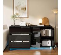 CXHLXYR Buffet Noir Brillant,Buffet Noir Laqué 2 Portes 3 Tiroirs avec LED,Buffets Bas Meubles de Rangement Commode Basse avec Tiroir pour Cuisine Couloir Salon Entrée(2 Portes, 3 tiroirs-1, Noir-B)