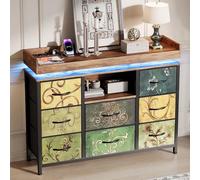 CXHLXYR Commode 8 tiroirs avec LED,Armoire avec 2 Ports USB et 2 Ports AC,Meuble de Rangement en Tissu,Armoire à tiroirs multifonctionnelle pour Chambre,Couloir,Salon,108x30x82cm(Rétro-e, 8)